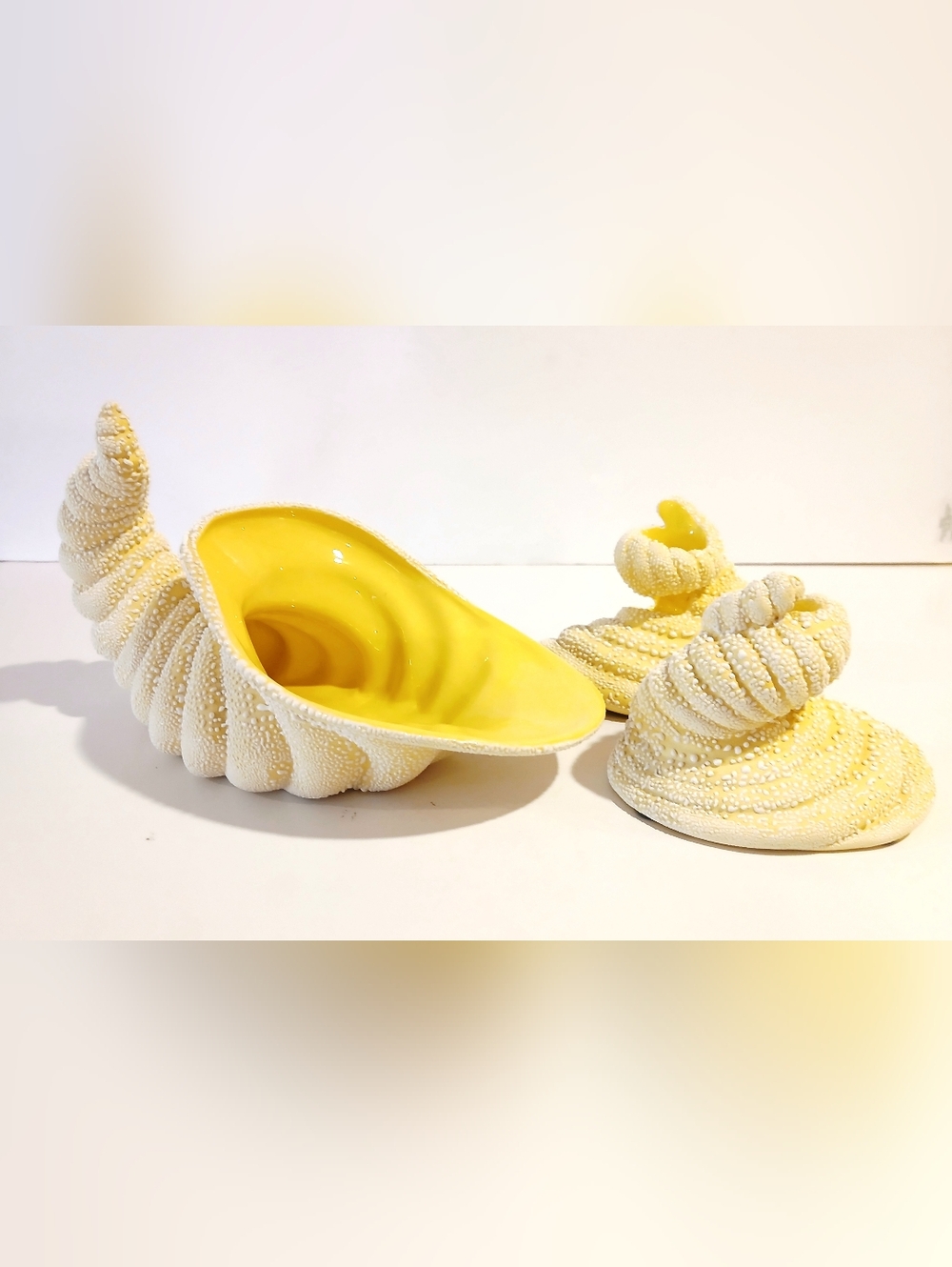 Vintage Yellow  Ceramic Cornucopia And Candle Holder Decorative Set